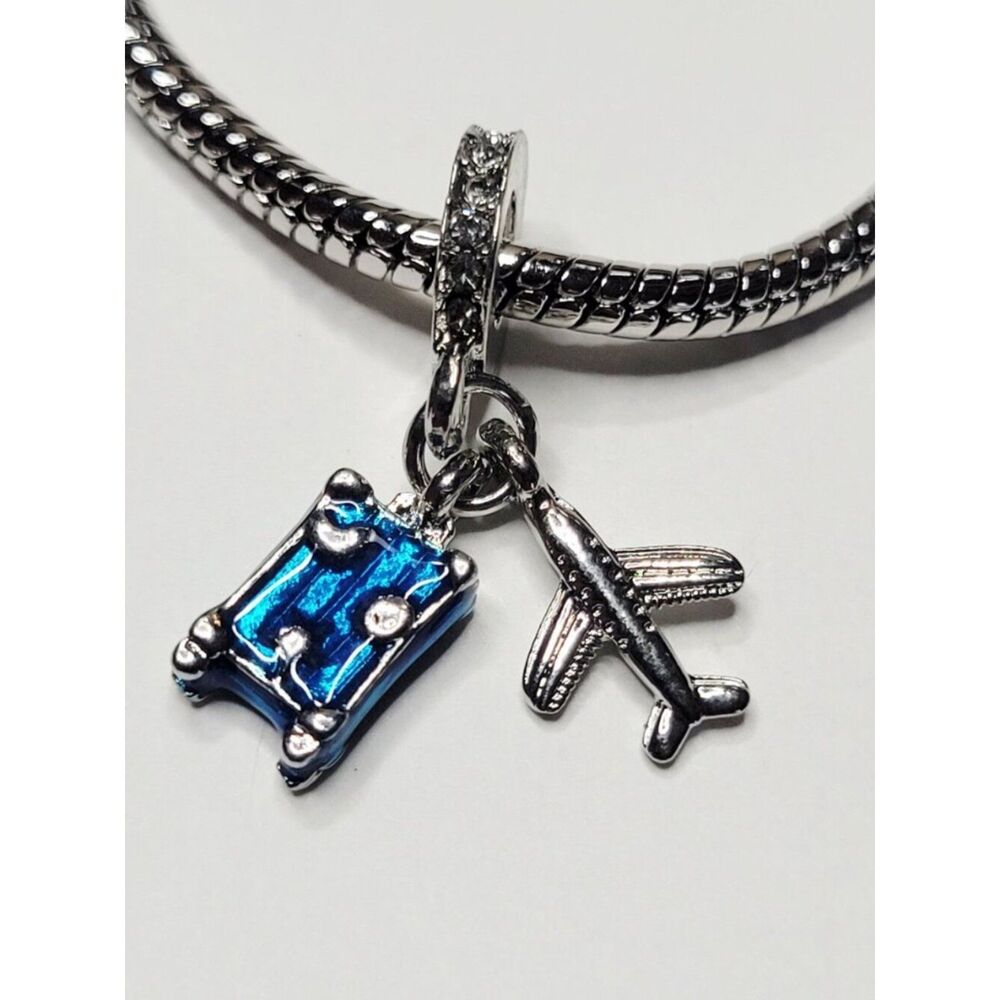 NWT! For Pandora Charm Bracelet Blue Silver Color Airplane Suitcase Dangle Charm